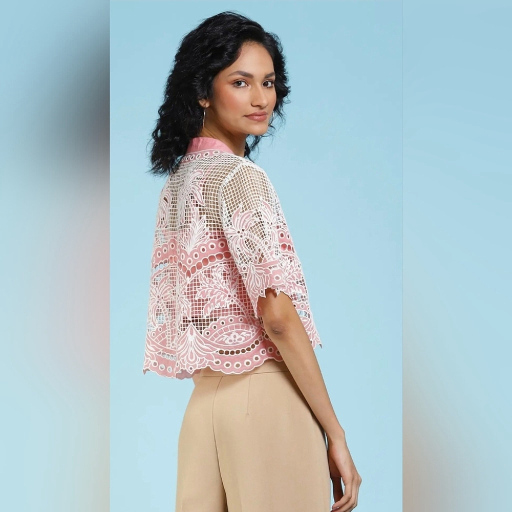 Label Ritu Kumar Pink Embroidered Sheer Top with Camisole - Size L